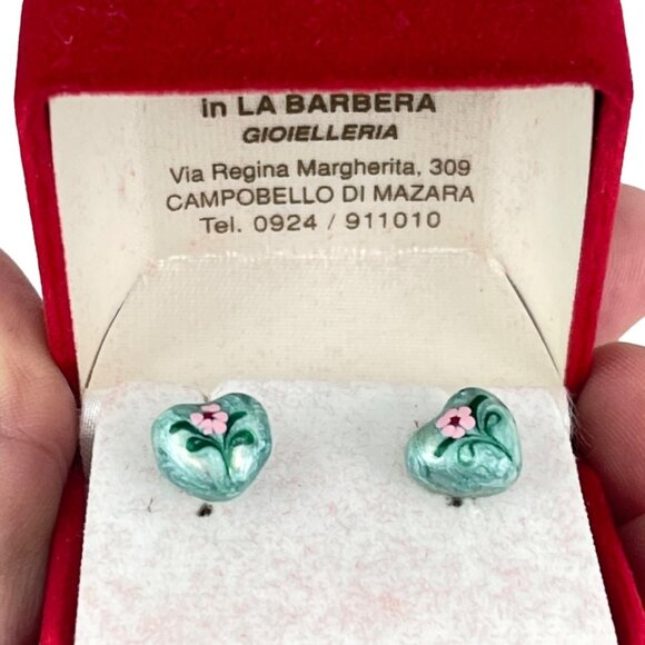 Handmade Italian Enamel Heart Earrings With Pink Flowers In Velvet Box - Picture 1 of 8